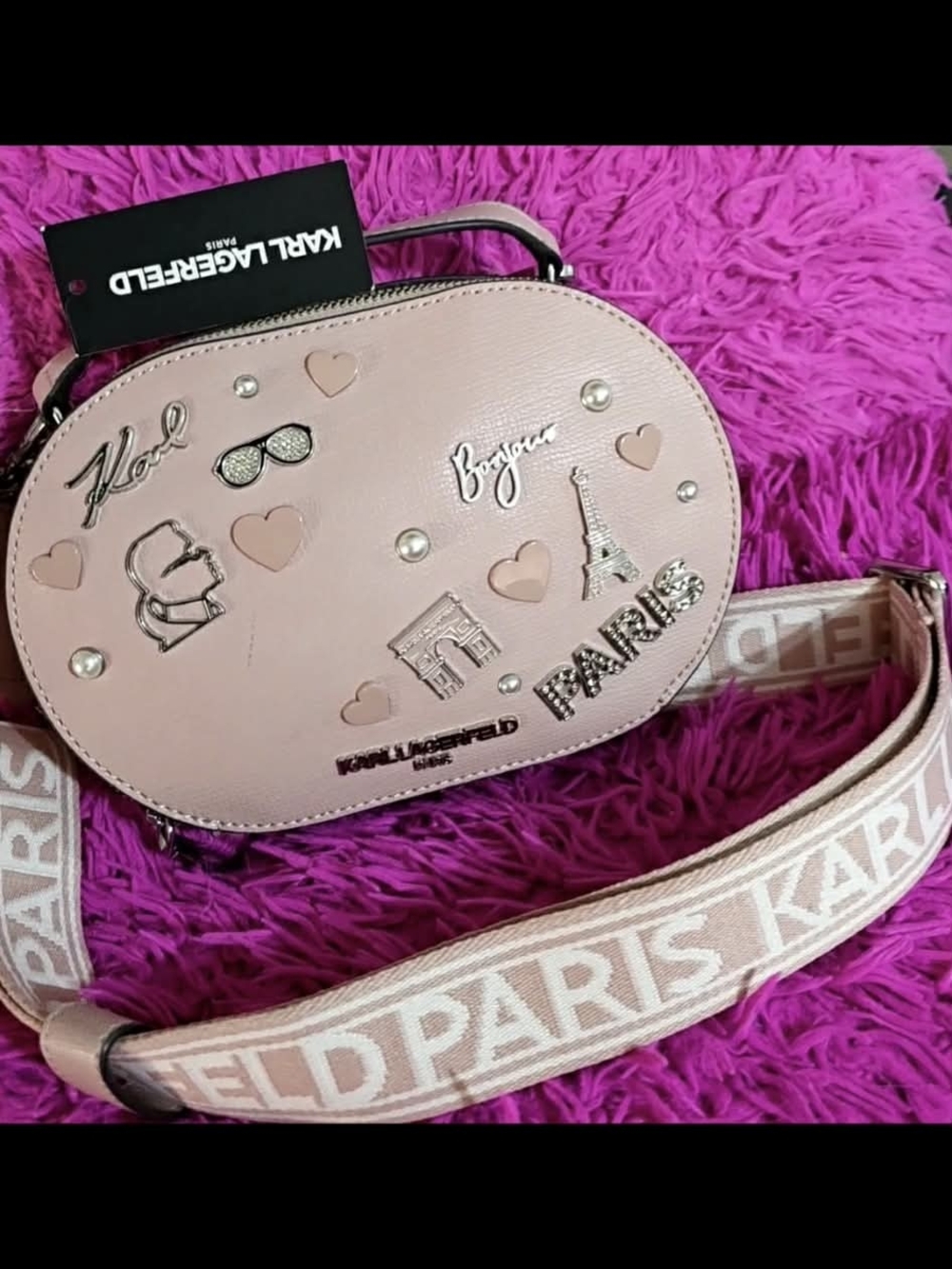 Karl Lagerfeld Blush Pink Oval Crossbody Bag with Branded Strap